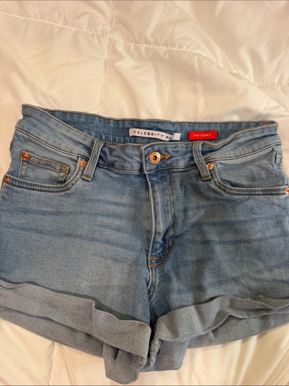 Celebrity Pink Light Wash Denim Rolled Cuff Shorts